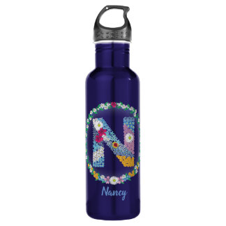 Botella De Agua Letras florales iniciales "N" con nombre personali