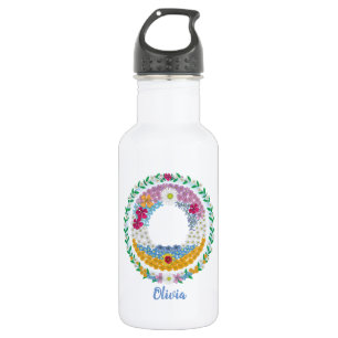 Botella De Agua Letras florales iniciales "O" con nombre personali