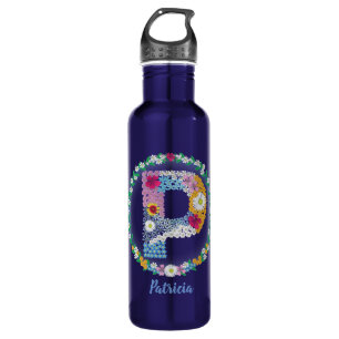 Botella De Agua Letras florales iniciales "P" con nombre personali