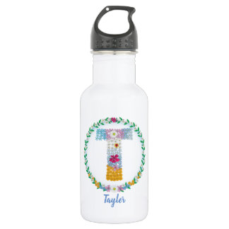 Botella De Agua Letras florales iniciales "T" con nombre personali