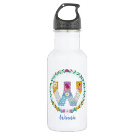 Botella De Agua Letras florales iniciales "W" con nombre personali