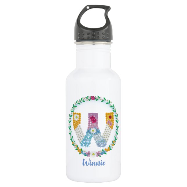 Botella De Agua Letras florales iniciales "W" con nombre personali (Anverso)