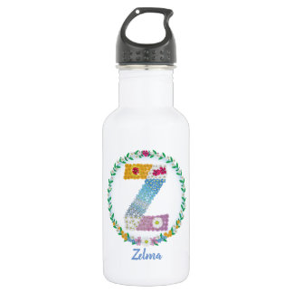 Botella De Agua Letras florales iniciales "Z" con nombre personali