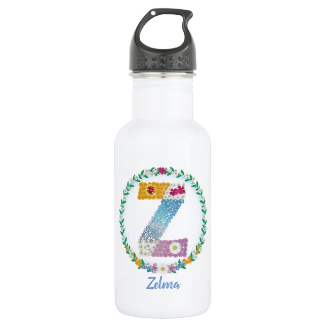 Botella De Agua Letras florales iniciales "Z" con nombre personali (Anverso)