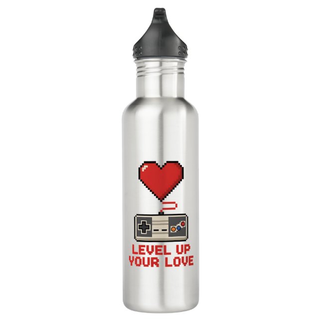 Botella De Agua Level Up Your Love, Retro Pixel Gaming Design (Derecha)
