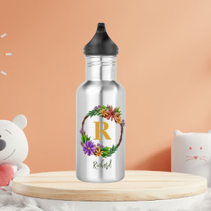 Botella De Agua Leyenda floral Letra inicial Monograma Nombre Marb
