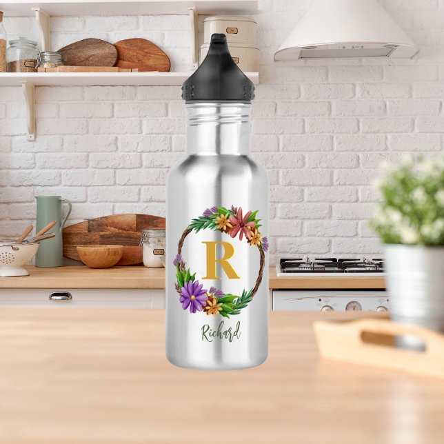 Botella De Agua Leyenda floral Letra inicial Monograma Nombre Marb (Subido por el creador)