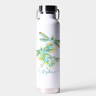 Botella De Agua Libélula teal personalizada con salpicaduras