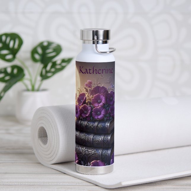 Botella De Agua Libro Gótico Flores Purpura (Yoga)