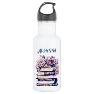 Botella De Agua Libros Antiguos Personalizados y Rosas  
