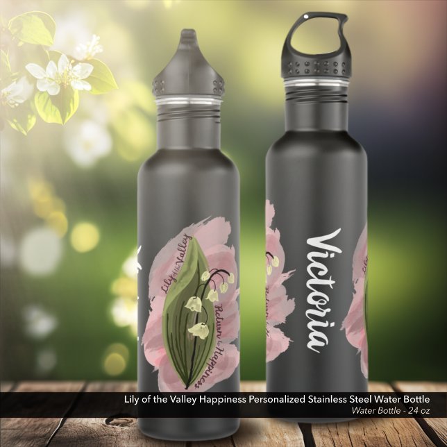 Botella De Agua Lily de la Felicidad del Valle Personalizada (Lily of the Valley Happiness Personalized Stainless Steel Water Bottle - Black)