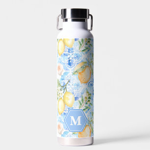 Botella De Agua Limoncello de Baldosa Azul Mediterráneo con Monogr