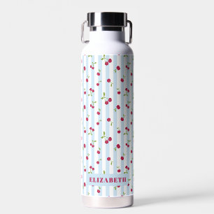 Botella De Agua Lindas Rayas Azules de Cereza Personalizadas Retro