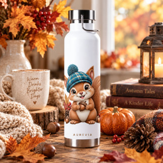 Botella De Agua Lindo Ardilla de Otoño con Gorro de Cuadro – Fal W
