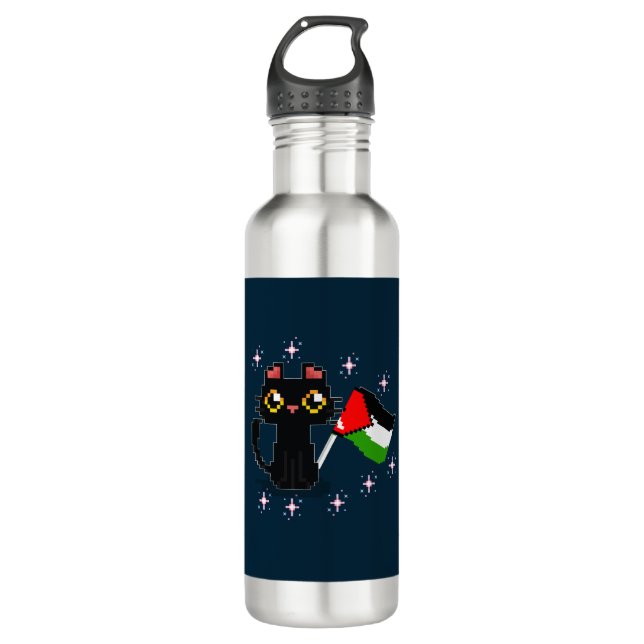 Botella De Agua lindo gato negro sostiene bandera palestina (Anverso)