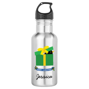 Botella De Agua Lindo mirlo asomándose desde una caja de regalo co