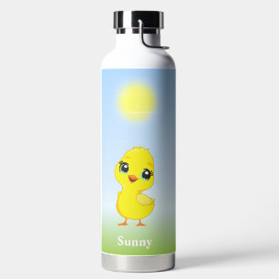 Botella De Agua Lindo pollito amarillo y flores sobre azul claro