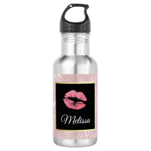 Botella De Agua Litros Purpurinas rosados y hojas tropicales de or