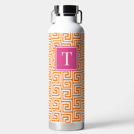 Botella De Agua Llave Griega Monograma Preppy - Naranja y Rosa Cal