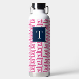 Botella De Agua Llave Griega Monograma Preppy - Rosa Caliente & Az