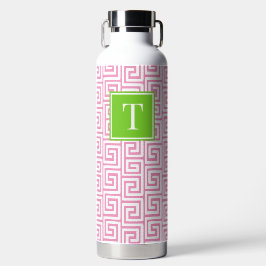 Botella De Agua Llave Griega Monograma Preppy - Rosa y Verde Lima