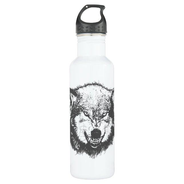 Botella De Agua Lobo enojado en negro (Anverso)