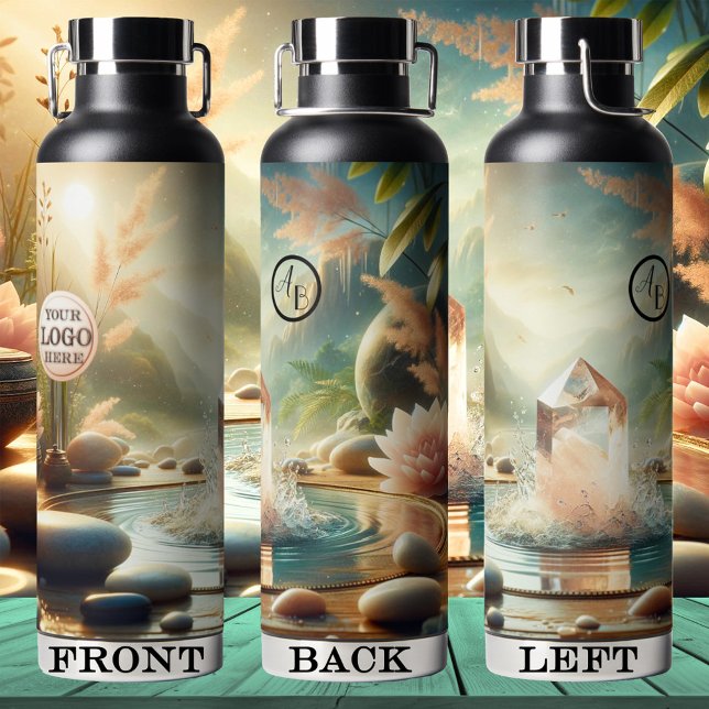 Botella De Agua Logo de Crystal Zen Rosa (Elegant water bottle featuring a pink crystal in a fountain with Zen lotus flowers - spiritual -yoga)