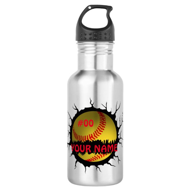 Botella De Agua Logo de Softball, nombre personalizado de Softball (Anverso)