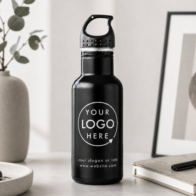 Botella De Agua Logo | Empresa comercial Minimalista (Sleek black company branded professional thermal tumblers for small business promotions.)