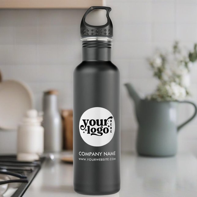Botella De Agua Logotipo personalizado y negro de texto (Custom Logo and Text Black Stainless Steel Water Bottle)