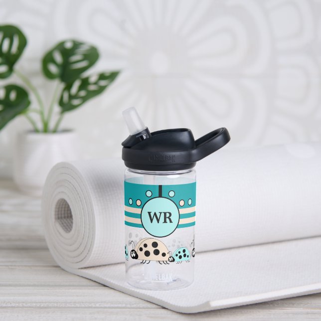 Botella De Agua Los niños añaden iniciales ladybugs crema turquesa (Yoga)