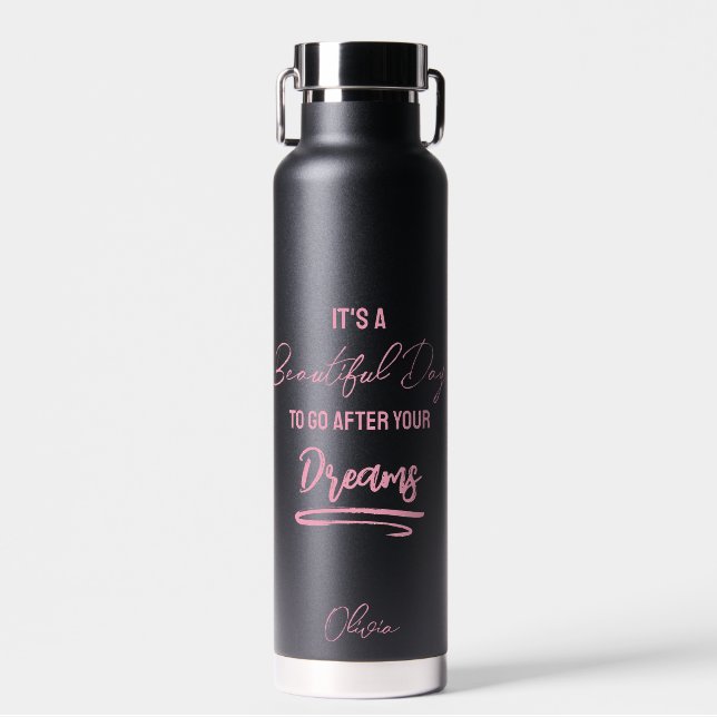 Botella De Agua Los sueños citan negro rosa motivacional (Delantero)