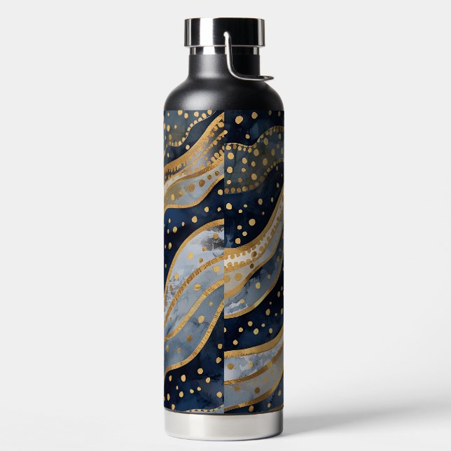 Botella De Agua Lujo, Moderno, Patrón Azul Dorado, (Izquierda)