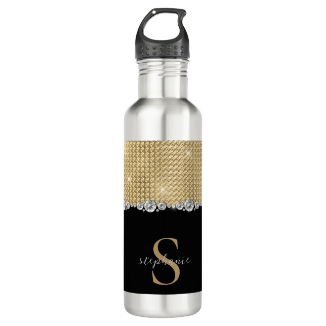 Botella De Agua Luxury Diamonds Gold Black Monogram (Anverso)
