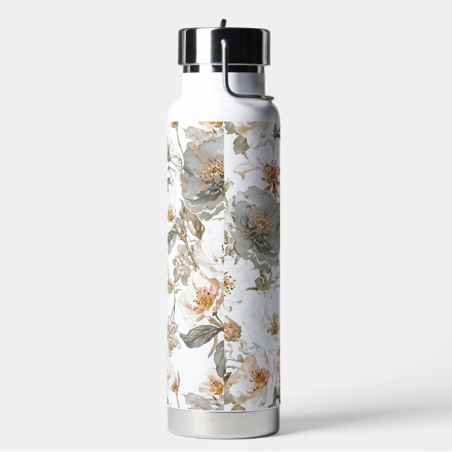 Botella De Agua Luxury, Elegant, Gold Grey Flowers Pattern (Izquierda)