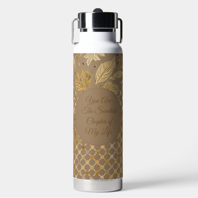 Botella De Agua Luxury, Valentine's Day, Gold Flowers, Pixels  (Frente)
