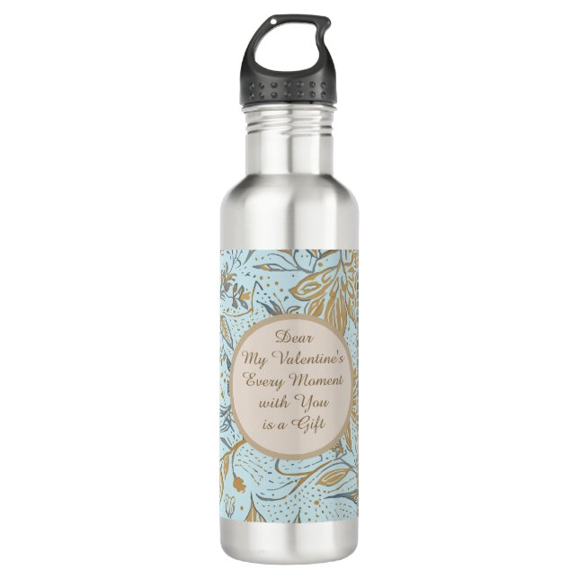 Botella De Agua Luxury, Valentine's Day,Gold Soft Blue Flowers Art (Anverso)