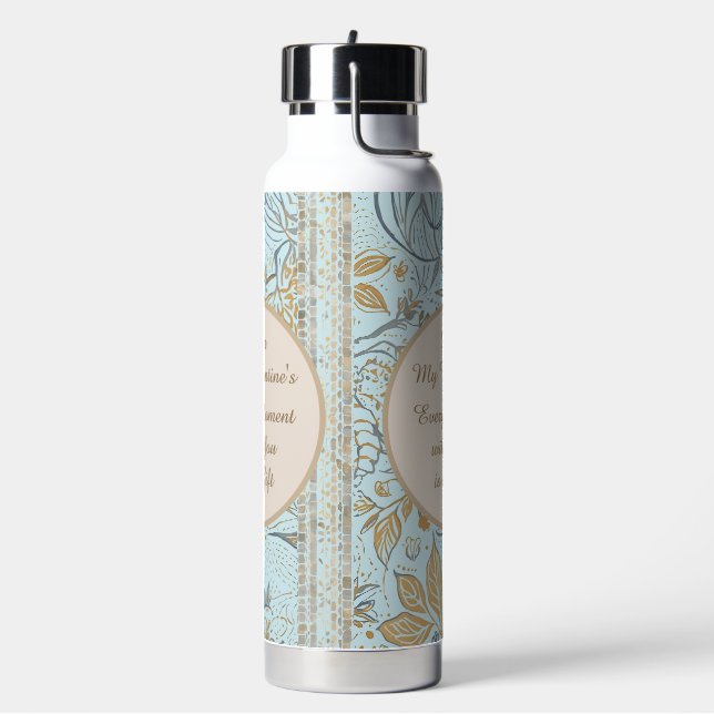 Botella De Agua Luxury, Valentine's Day,Gold Soft Blue Flowers Art (Izquierda)