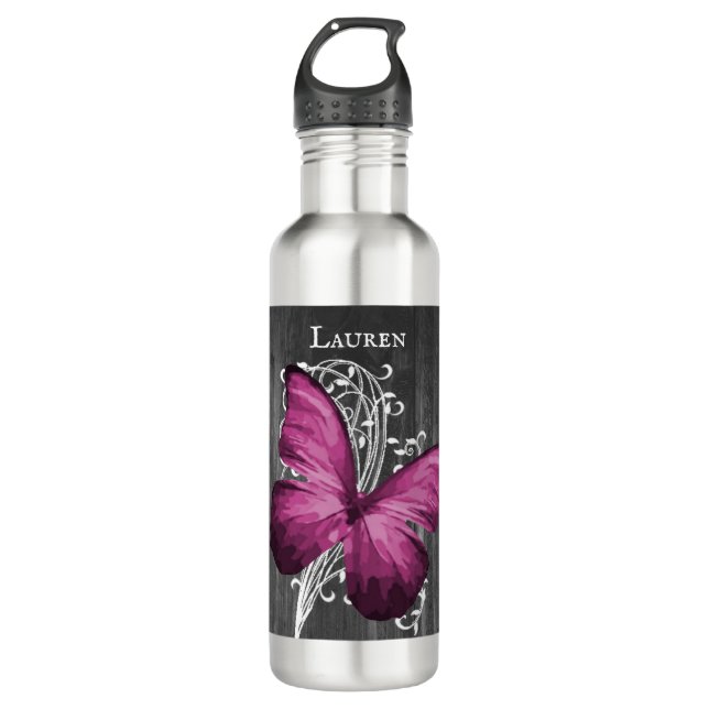 Botella De Agua Magenta Rustic Butterfly personalizada (Anverso)