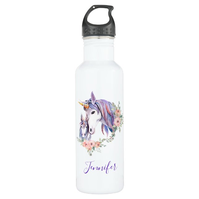 Botella De Agua Magnífica unicornio, mamá y bebé acuarela (Anverso)
