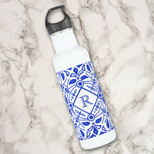 Botella De Agua Magnífico Monograma del Personalizado Delft-Blue