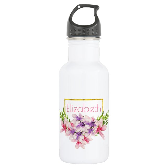 Botella De Agua Magnolia acuarela morada y rosa personalizada (Anverso)