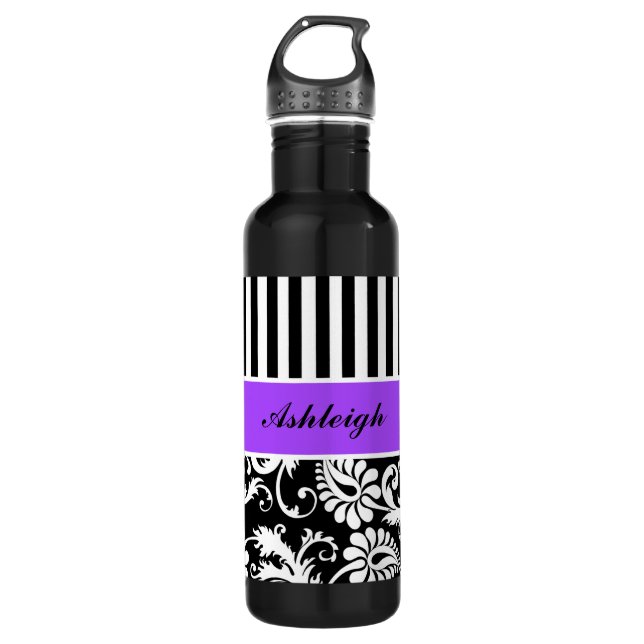 Botella De Agua Malva, negra, blanca y rayada Damasco (Anverso)