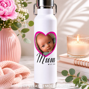 Botella De Agua Mamá Estableció Escritura Corazón Rosa Foto Blanca