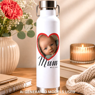 Botella De Agua Mamá Estableció Guión Corazón Rojo Foto Blanca