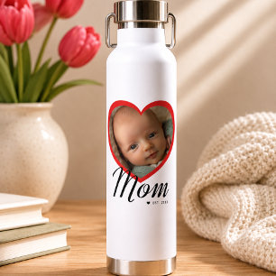 Botella De Agua Mamá Estableció Guión Corazón Rojo Foto Blanca