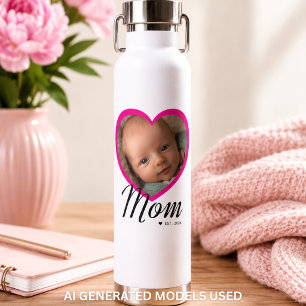 Botella De Agua Mamá Estableció Guión Corazón Rosa Foto Blanca