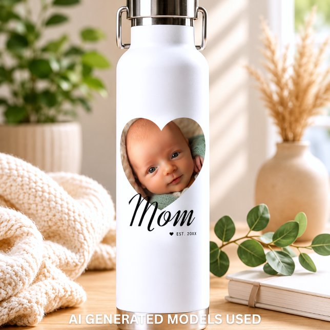 Botella De Agua Mamá Estableció Letra Corazón Foto Blanco Aislado (Mom Established Script Heart Photo White Insulated Water Bottle)