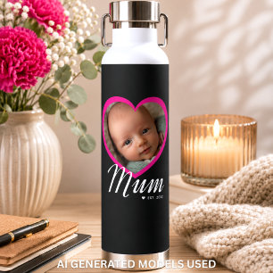 Botella De Agua Mamá Estableció Letra Rosa Corazón Foto Negra