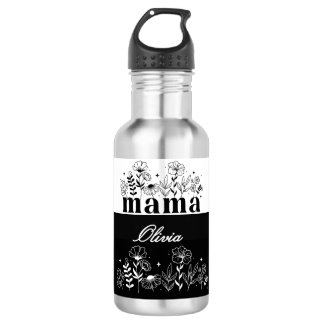 Botella De Agua Mamá Flor Silvestre Minimalista en Blanco y Negro